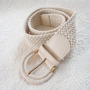 Wide Cream Beige & Gold Woven Waist Belt
